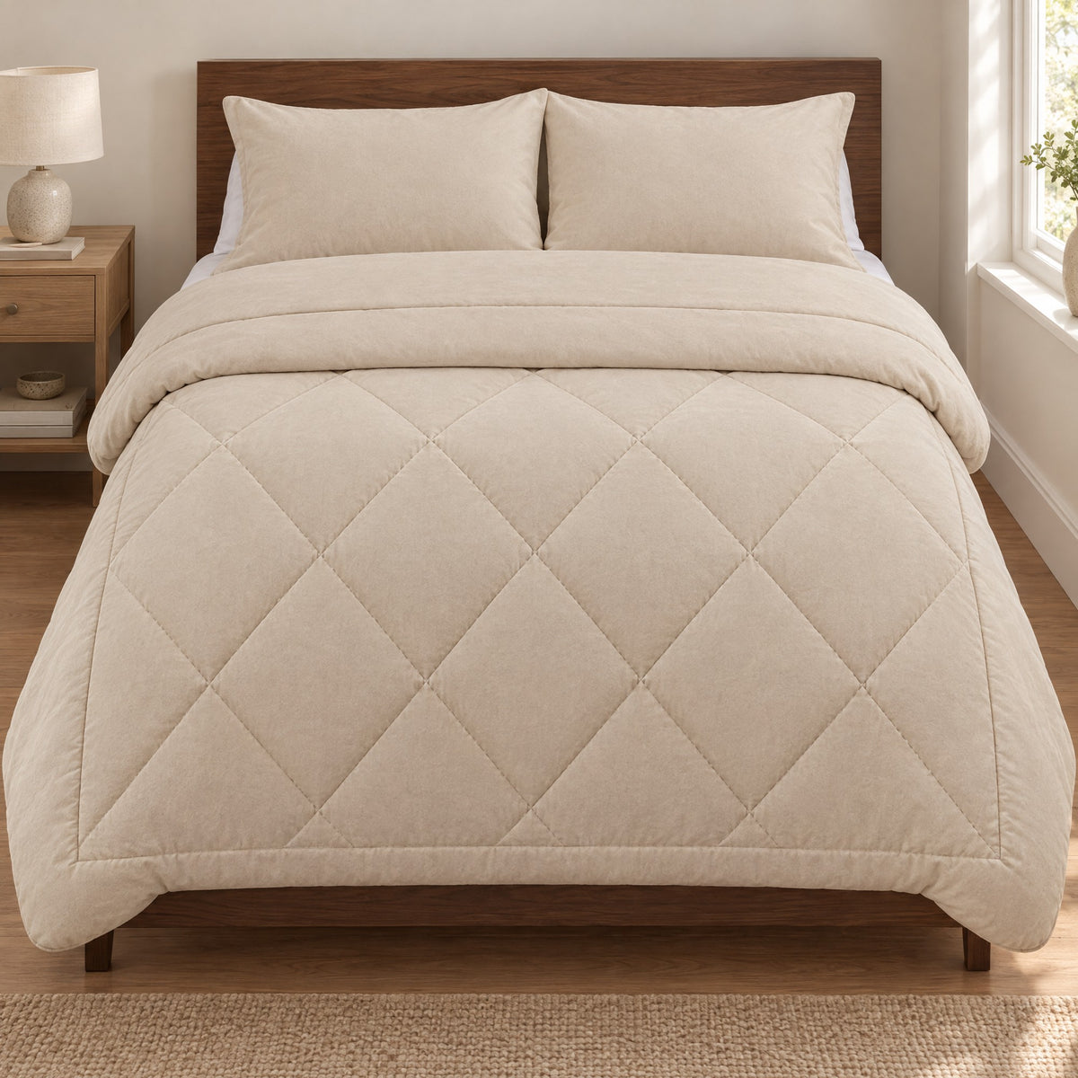 Duvenna coverless duvet in Cream on a walnut bed with matching pillowcases Image