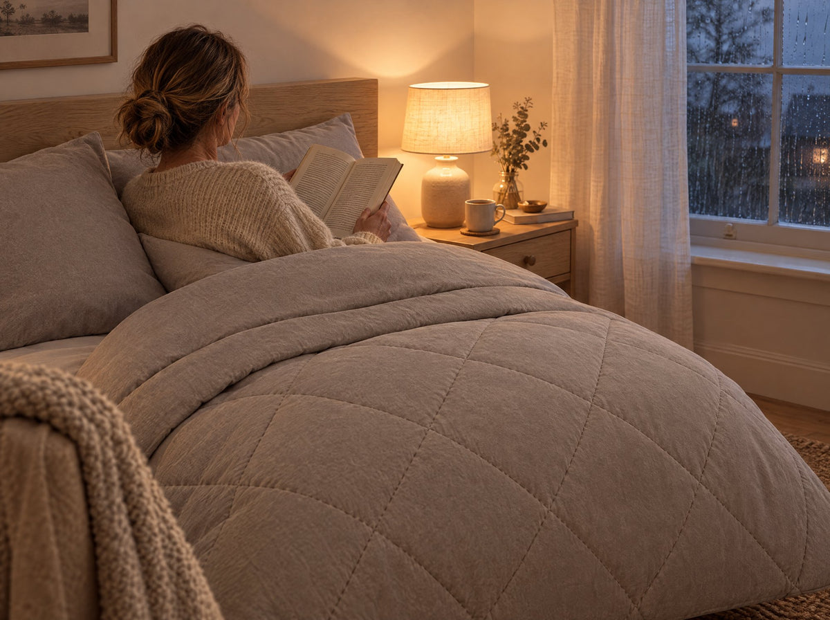 Reading in bed under the Duvenna Coverless Duvet on a rainy British evening Image