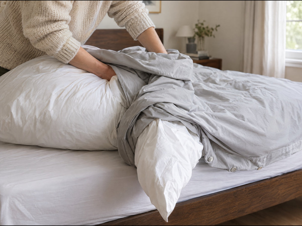 Wrestling a traditional duvet into a separate cover on wash day Image