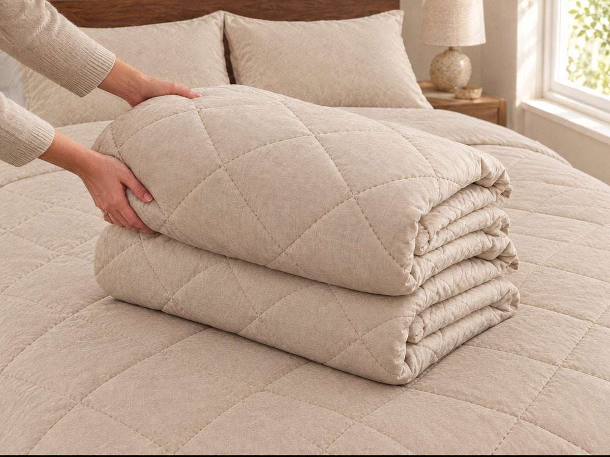 Hands lifting the folded Duvenna Coverless Duvet from the bed — one piece, nothing to unpack