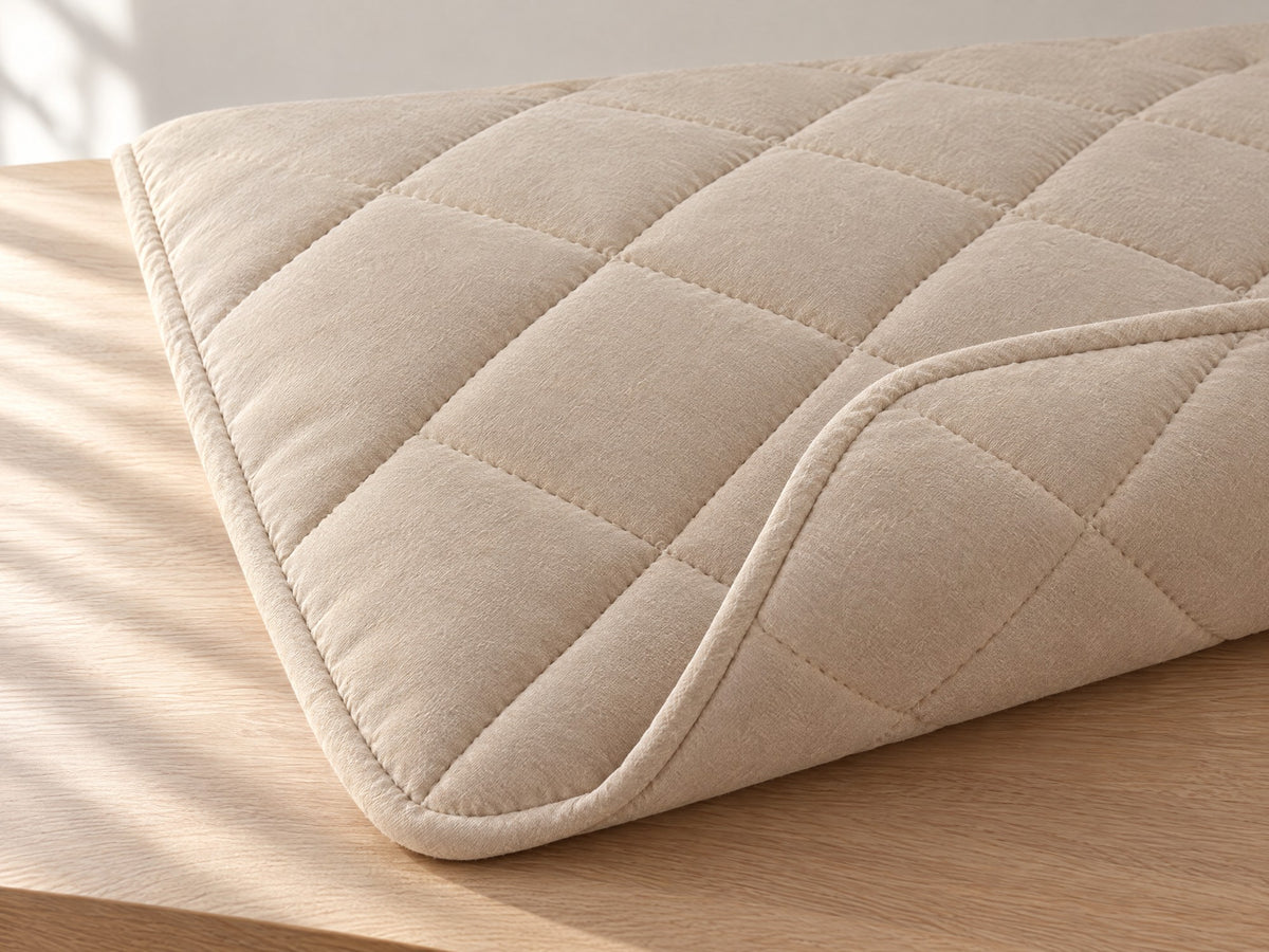 Corner of the Duvenna Coverless Duvet folded back: the same diamond-quilted fabric on both sides, one sewn-through piece with a self-fabric binding
