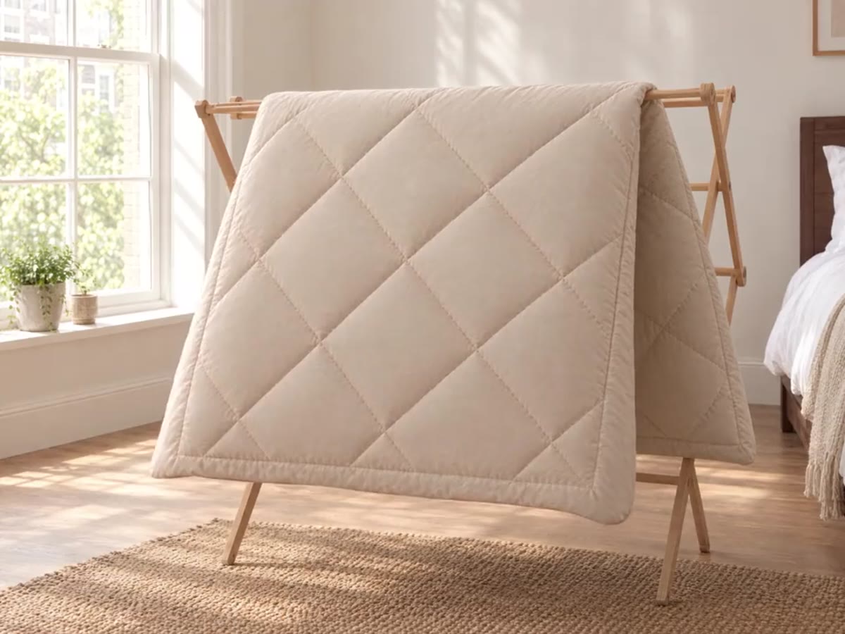 The Duvenna duvet drying on a wooden airer by a window