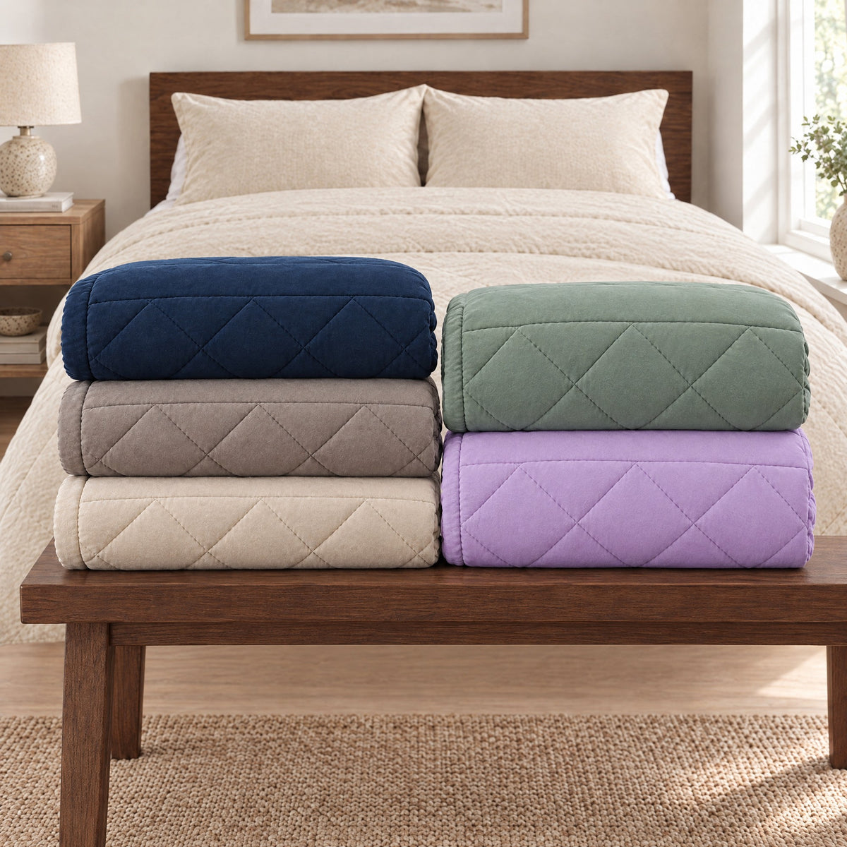 Duvenna Coverless Duvet folded in all five colours: Cream, Stone Grey, Navy, Sage Green and Lavender Mist Image