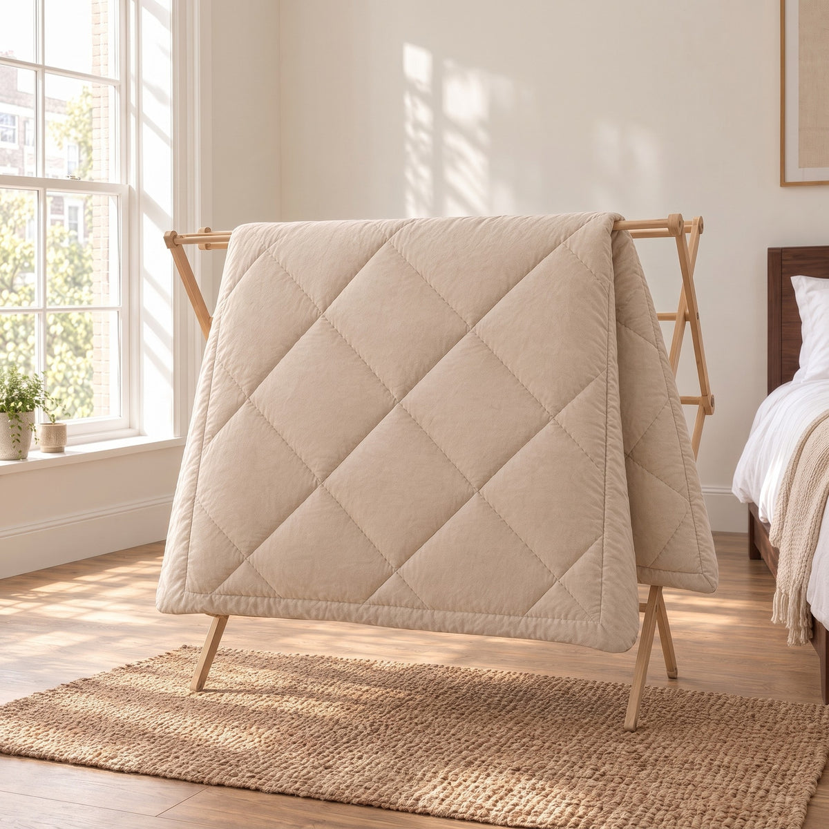 Duvenna Coverless Duvet air drying on a wooden clothes airer by a window Image