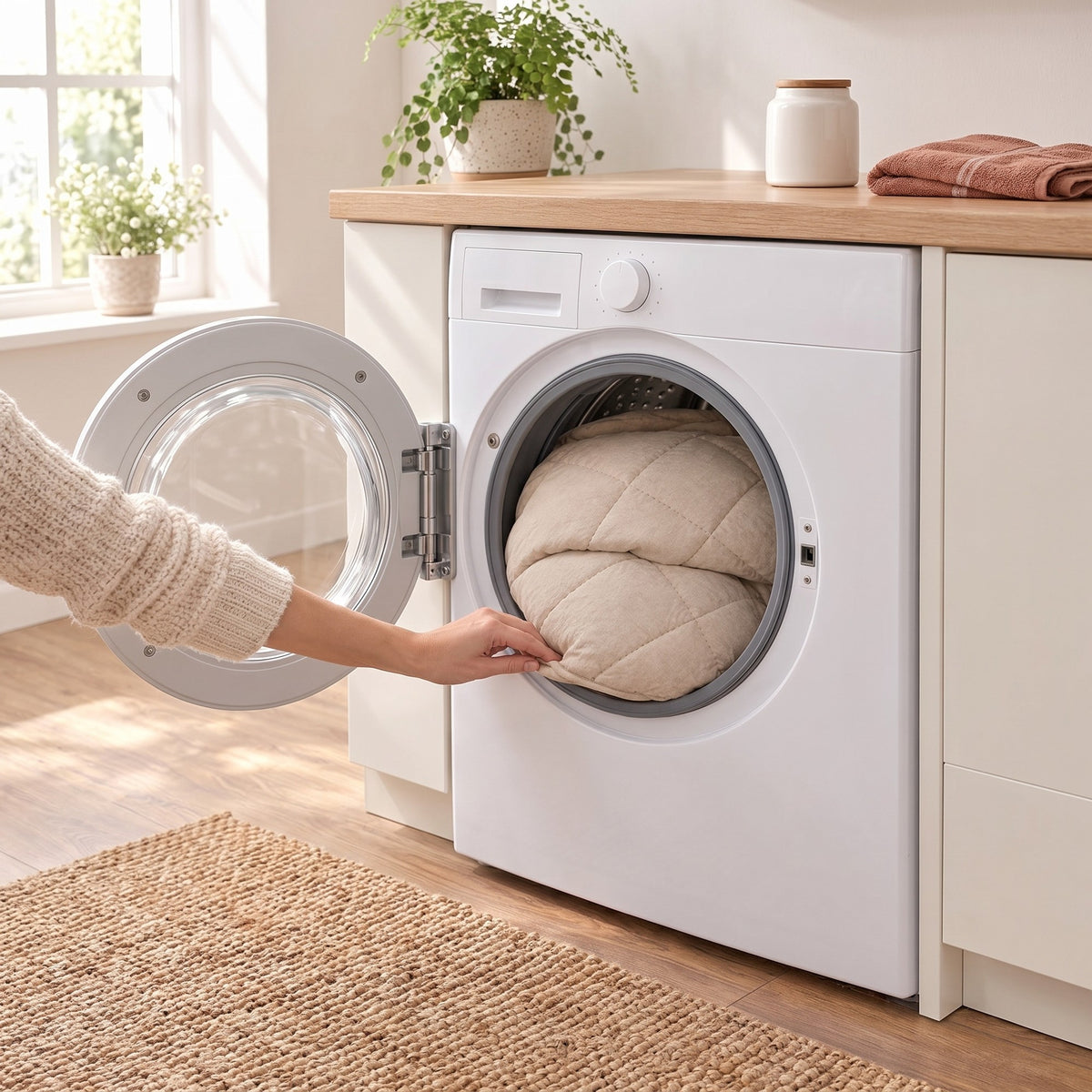The whole Duvenna duvet inside a standard washing machine drum, the last corner being tucked in by hand Image