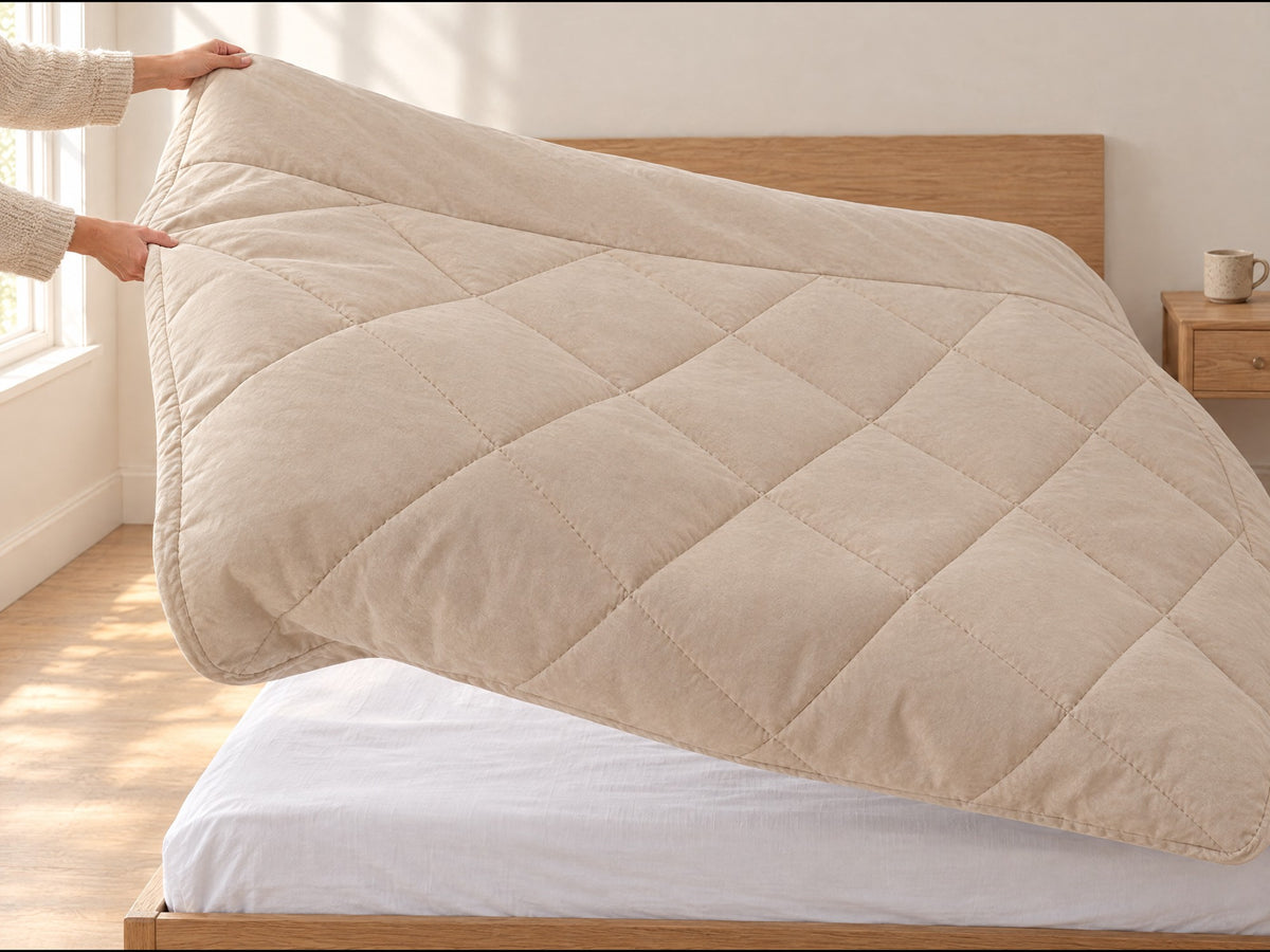 Shaking the Duvenna coverless duvet out over a bed Image