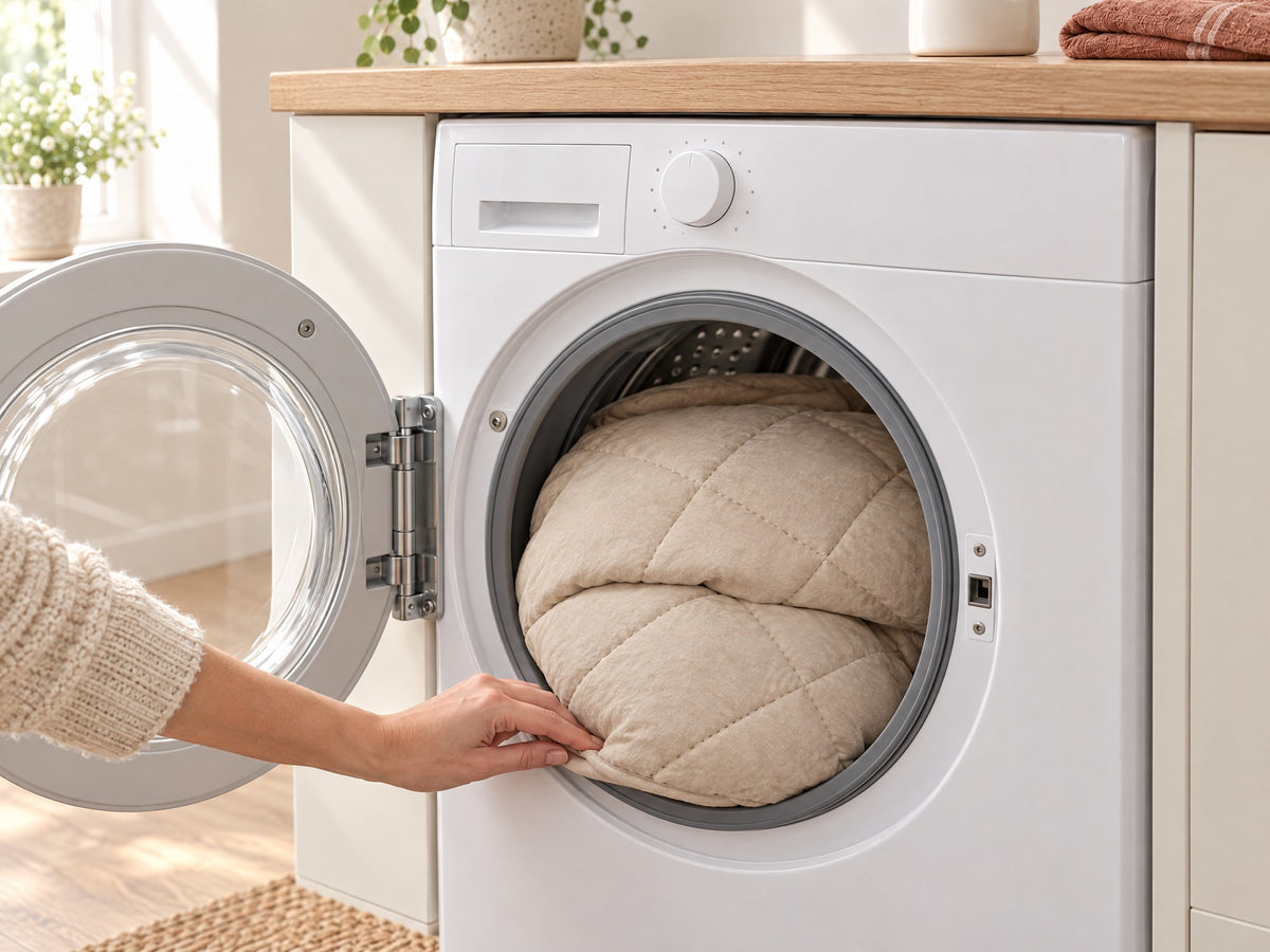 The whole Duvenna duvet inside a standard washing machine drum, the last corner being tucked in by hand Image