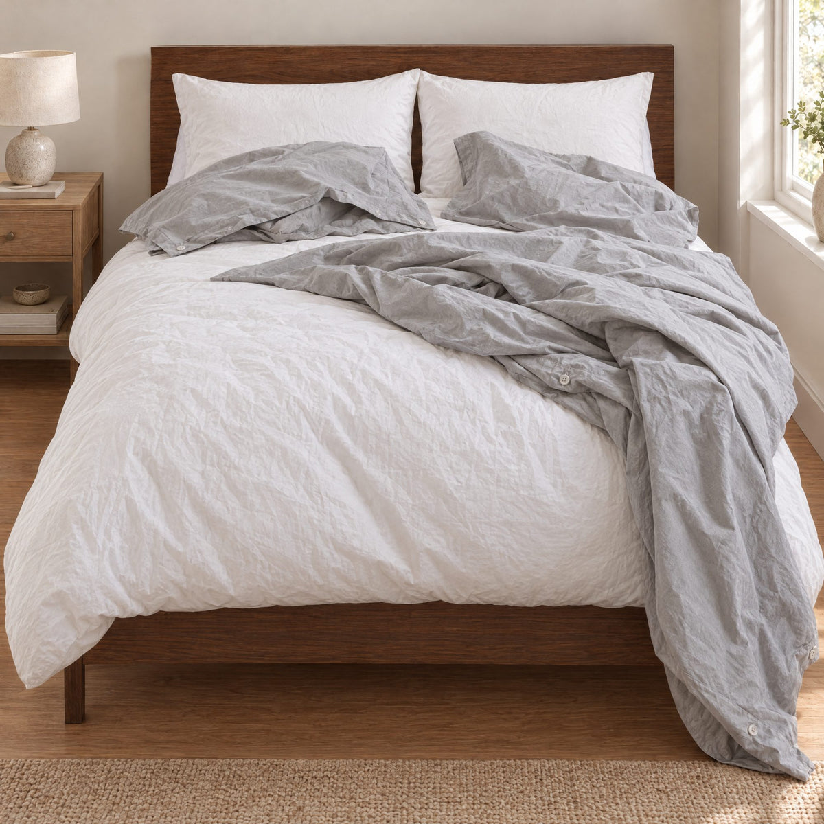 The same bed with a traditional duvet and its cover half pulled off, pillowcases dropped on the bed